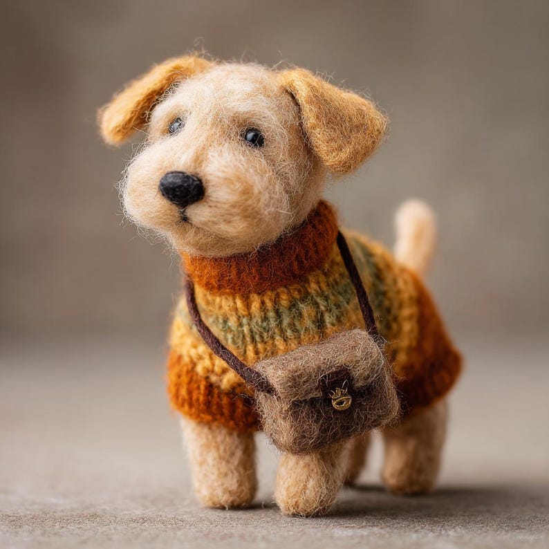 May include: A handcrafted, light brown dog figurine with a black nose and floppy ears. The dog wears an orange, green, and brown striped sweater and a small brown purse. The dog is standing on a neutral surface.