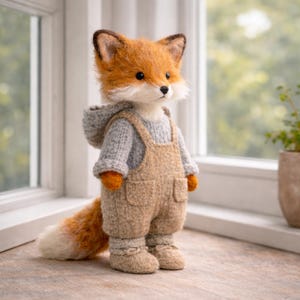 May include: A handcrafted orange and white fox doll wearing a gray hooded sweater and tan overalls. The fox has a fluffy tail and is standing on a wooden surface. The doll is a charming, whimsical creation.