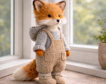 Needle Felted Fox Doll Handmade, Wool Felt Animal Sculpture, Woodland Nursery Decor, Thanksgiving Gift