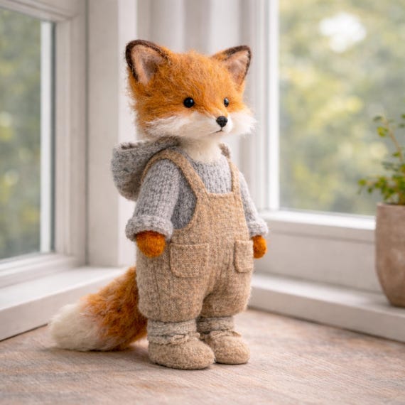 Needle Felted Fox Doll Handmade, Wool Felt Animal Sculpture, Woodland Nursery Decor, Thanksgiving Gift