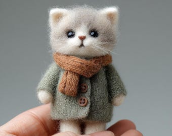 Katt Nåltovad Figur Handgjord Ull Mini Djurskulptur Mysig Skrivbordsdekor Gåva
