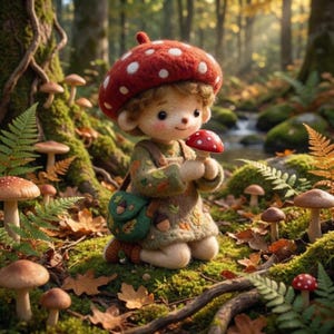 Puede incluir: Una muñeca de fieltro con un sombrero de seta roja, vestida con un traje verde con motivos de hojas y bellotas, sosteniendo una pequeña seta roja. La muñeca lleva un bolso verde en un entorno forestal con musgo, helechos y setas.