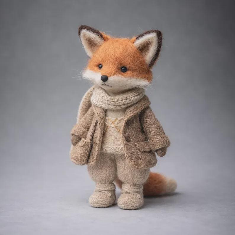 Muñeco de zorro de fieltro con aguja hecho a mano, escultura de animal de fieltro de lana, decoración de guardería de bosque, regalo de Acción de Gracias 2