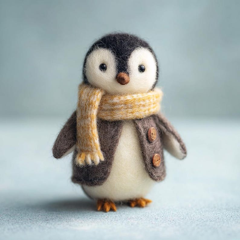 May include: A handcrafted felt penguin figurine. The penguin has a black head, white face, and a brown jacket with wooden buttons. It wears a yellow and tan scarf. The penguin's feet are orange.