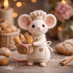 May include: A felted white mouse wearing a chef's hat and apron, holding a basket of bread. The mouse has large pink-lined ears and a heart-shaped detail on the apron. The background includes blurred baked goods and a warm, inviting atmosphere.