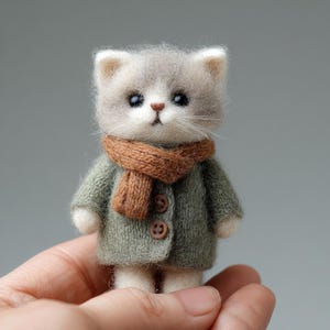 Cat Needle Felted Figurine Handmade Wool Mini Animal Sculpture Cozy Desk Decor Gift