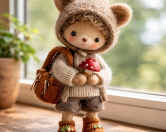 Bear Needle Felted Doll Handmade Wool Mini Figurine Cozy Desk Decor Whimsical Gift