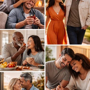 May include: A collage of images depicting couples in various settings. One shows a woman covering a man's eyes, another a couple walking, and others enjoying meals or writing together. The images convey themes of love and connection.