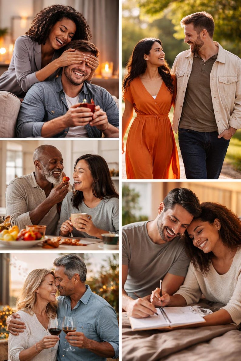 May include: A collage of images depicting couples in various settings. One shows a woman covering a man's eyes, another a couple walking, and others enjoying meals or writing together. The images convey themes of love and connection.