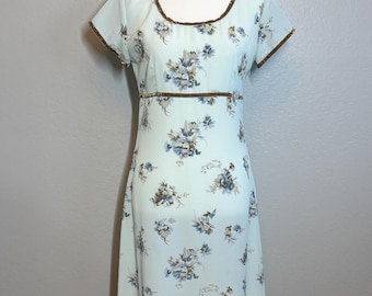 Vintage Express 90s Light Blue Floral Maxi Dress with Velvet Trim Empire Waist Cottagecore Whimsigoth Dress SZ 3/4