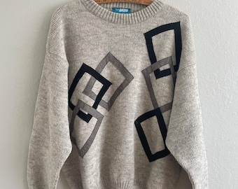 Vintage 80s Geometric Sweater: Alpaca Wool Blend, Made in Italy