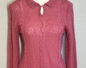 Vintage 70s Rose Pink Open Knit Polo Sweater Collared Keyhole Top with Cable Knit XS S