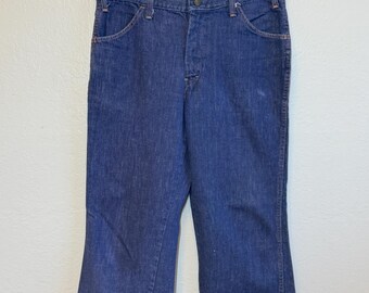 Vintage 70s Dark Wash Denim Flare Bell Bottom Jeans Snaps Scovill Zip 32