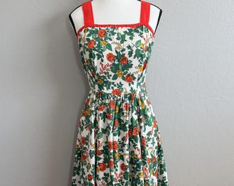 Vintage 1950s 1960s Floral Cotton Sundress  Full Skirt Midi Dress Green Orange Rose XS S