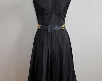 Vintage 1950s Black Taffeta Strapless Cocktail Dress Talon Zip Pleated Fit Flare