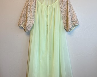Vtg 70s Lorraine Lingerie Neon Mint Green Lace Robe Housecoat Coquette Fairycore L