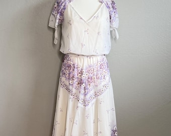 Vintage 70s 80s Purple Floral Chiffon Midi Dress Handkerchief Hem Fairy Cottagecore Small