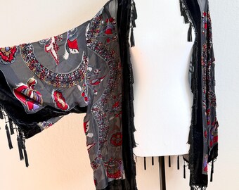 Vtg J.B.S. Silk Blend Burnout Velvet Kimono Beaded Fringe Boho Whimsigoth