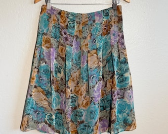 Vintage 90s Floral Pleated Midi Skirt  Blue & Purple Rose Chiffon  Fairycore Grunge SZM