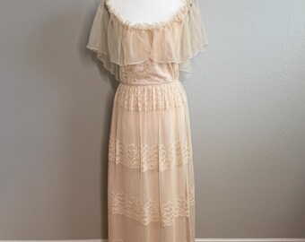 Vintage 70s Lace Tiered Boho Prairie Off Shoulder Maxi Dress Cream Ivory XS