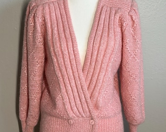 Cardigan avvolgente rosa giapponese vintage anni '80 con maniche a sbuffo, maglione in misto lana, stile Coquette, taglia M