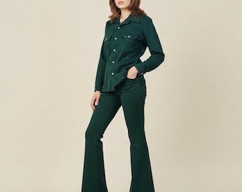 Vintage 70s Lee Leisure Suit Set Forest Green Bell Bottoms Western Disco L/XL