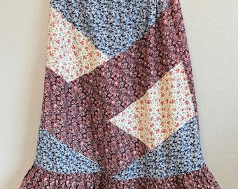 Vintage 70s Patchwork Floral Midi Skirt – Calico Prairie Ruffle Hem Cottagecore Boho