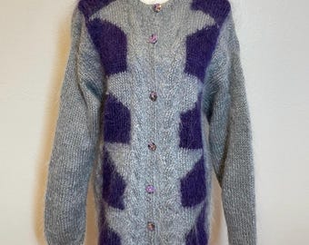 Vintage Mohair Cardigan: Gray, Purple Fuzzy Knit with Floral Buttons