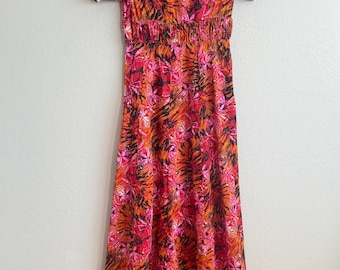 Vintage 1970s Psychedelic Maxi Dress Vibrant Pink Orange Butterfly Print Dress with White Lace Trim and Smocked Waist Size XS Small