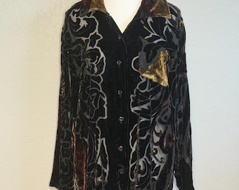 Vintage 90s Silk Velvet Burnout Shirt  Jinjiao Devore Floral Blouse  Whimsigoth Boho Sheer Layering Top