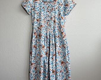 Vintage 1950s Blue Floral Cotton Day Dress Pintuck Bodice Cottagecore Size M L
