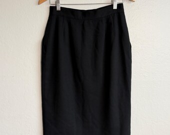 Vtg 90s Liz Claiborne Black Wool Pencil Skirt Petite 8 Button Front Midi Minimalist