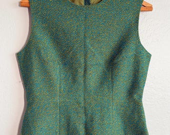 Vintage 1960s Wool Tweed Shell Top Sleeveless Mod Teal Green Blue Blouse S/M
