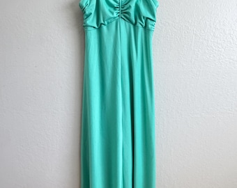Vintage 1970s Mint Green Maxi Dress ILGWU Ruched Sweetheart Prom Gown XS S
