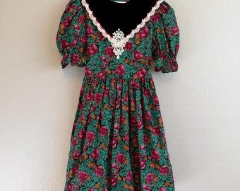 Vintage 90s Jo Lene Girls Dress: Apple Acorn Print, Velvet Lace Collar, Size 10