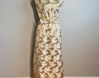 Vintage 60s Old Hollywood Gold Metallic Floral Brocade Maxi Dress XS/S