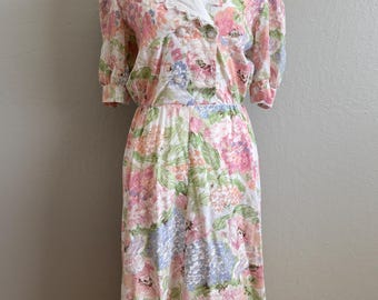 Vintage 80s Pastel Floral MiDi Dress  Lace Pilgrim Collar  Puff Sleeves Cottagecore  Pastel Prairie