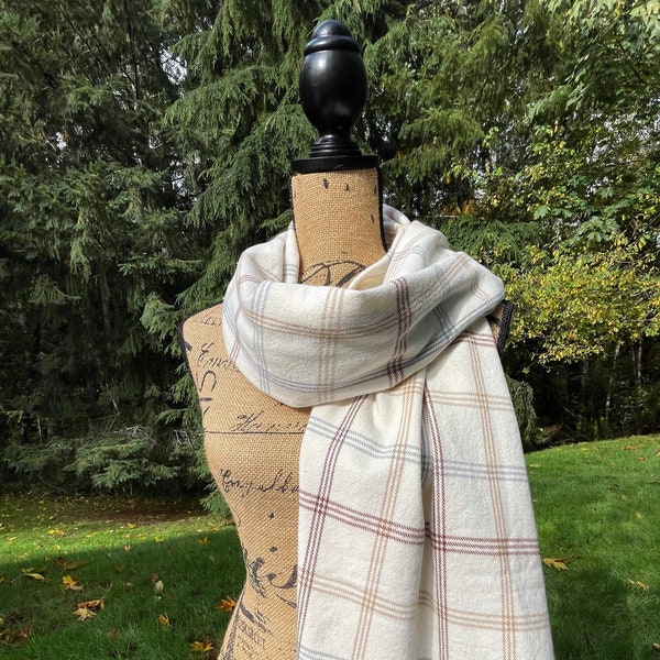 Cream and Brown Plaid Flannel Scarf//Flannel Scarf//Winter Scarf