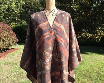 Wool Blend Shawl Wrap | Aztec Print Button Poncho | Fall, Winter and Spring