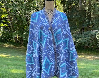 Luxe Fleece Shawl//Wrap//Poncho//Cape//Cover Up//Blue Turquoise and White Print Shawl//Blue Turquoise and White Wrap//Fall Wrap//Fall Shawl