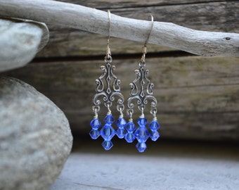 Boucles d'oreilles chandelier antiques en argent et Swarovski