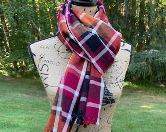 Flannel Scarf | Red Orange and Black Plaid