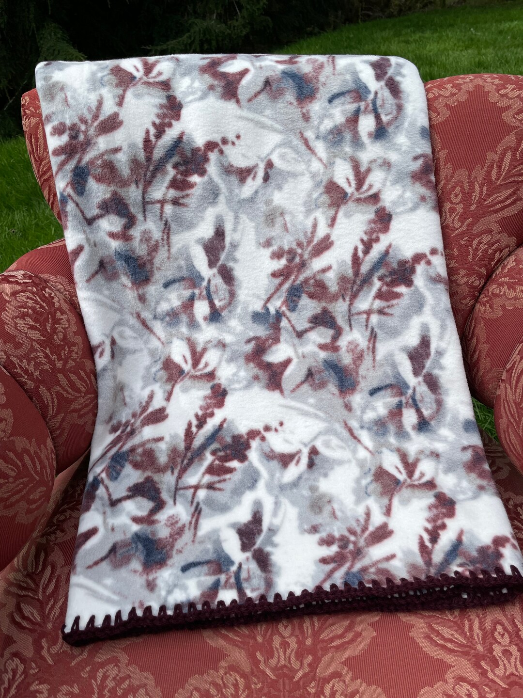 Fleece Lap Blanket//warm Blanket//gray Navy & Burgundy Print Etsy
