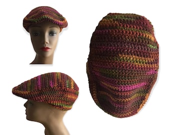 Handgemaakte gehaakte meerkleurige kangol-hoed voor herfstkleuren - krantenverkoperpet - uniseks hoed met rand