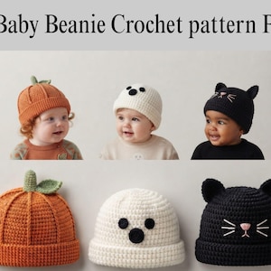 May include: Three crochet baby beanies featuring a pumpkin design with a green stem, a white ghost design with black circular eyes and mouth, and a black cat design with pointed ears and embroidered whiskers. Text reads 3 Baby Beanie Crochet pattern Pdf.