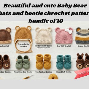 Op de afbeelding: Een verzameling van tien haakpatronen voor babyberenmutsjes en slofjes, waaronder klassieke berenmutsjes, mutsjes met oorkleppen, mutsjes met strikjes, gestreepte mutsjes en diverse stijlen berenslofjes in bruin, beige, crème, roze, blauw en groen.