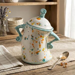 May include: A white ceramic sugar bowl with a lid, decorated with blue, orange, and yellow splatters. The bowl features blue handles and a matching lid handle. A silver spoon is placed beside the bowl on a wooden surface.