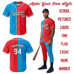 May include: Red and blue baseball jerseys, one with "Teamname 94" and another with "Your Name 94". A person in a matching outfit holds a bat. The image includes text: "Make Your Own Style". The jerseys are designed for customisation.