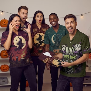 May include: A collection of short-sleeved button-down shirts featuring Halloween-themed graphics. Designs include a witch on a broomstick, a full moon, a black cat, a cauldron, and text such as Happy Fright, Night of Frights, and Boo After Dark.