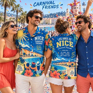 Può includere: Una camicia blu a maniche corte con bottoni e una vivace stampa grafica della costa di Nizza, un sole giallo e palme. Il testo recita NICE CARNIVAL FRIENDS, Riviera Together Always e BONNE MUSIQUE BONS AMIS NICE TOUJOURS.